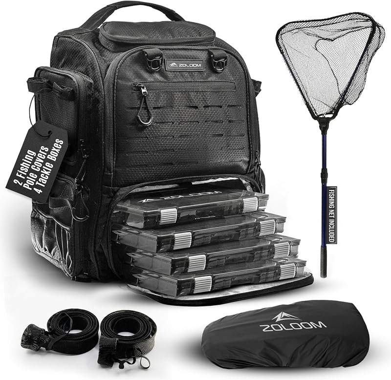 Waterproof Fishing Backpack with Tackle Boxes, Rod Holder & Foldable Net - 40L Fishing Tackle Bag with Trays Included