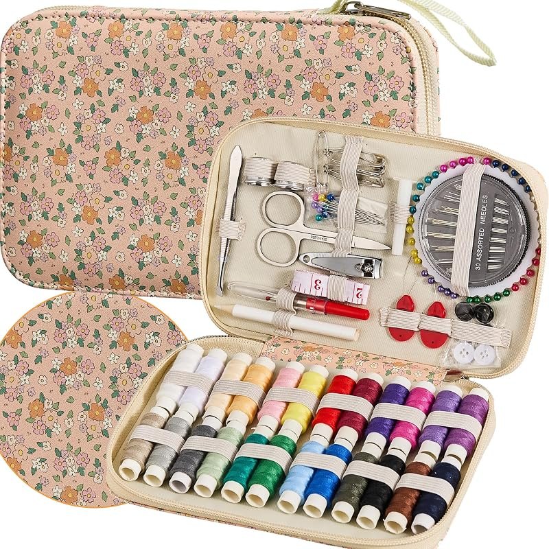 Sewing Project Kits Floral Pattern Sewing Kit with 130PCS Sewing Supplies Accessories,Printing Sewing Set with Zipper