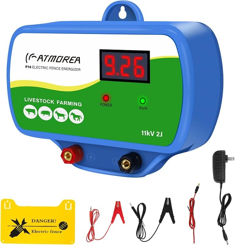 Electric Fence Charger 11kV Powerful Energizer ，2 Joules Energy Output with LED Display - Multi-Powered Ideal for