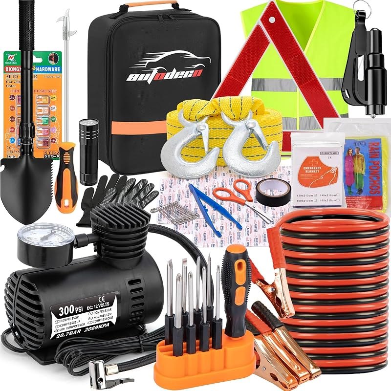 Car Emergency Roadside Assistance Kit with Jumper Cables Tire Inflator Automotive Kit for Car Vehicle — Auto kit for