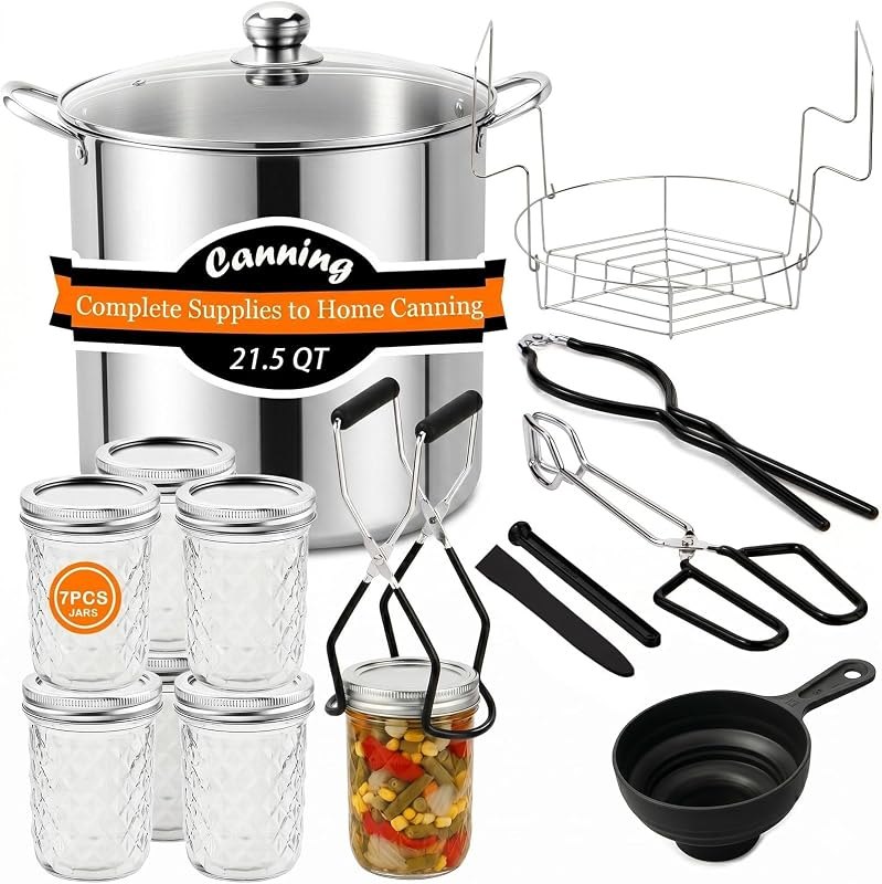 Canning Supplies Kits with 21.5 Qt Canning Pot, 7pcs Mason Jars, Tongs, Stainless Steel Jar Rack, Funnel, Lid Lifter