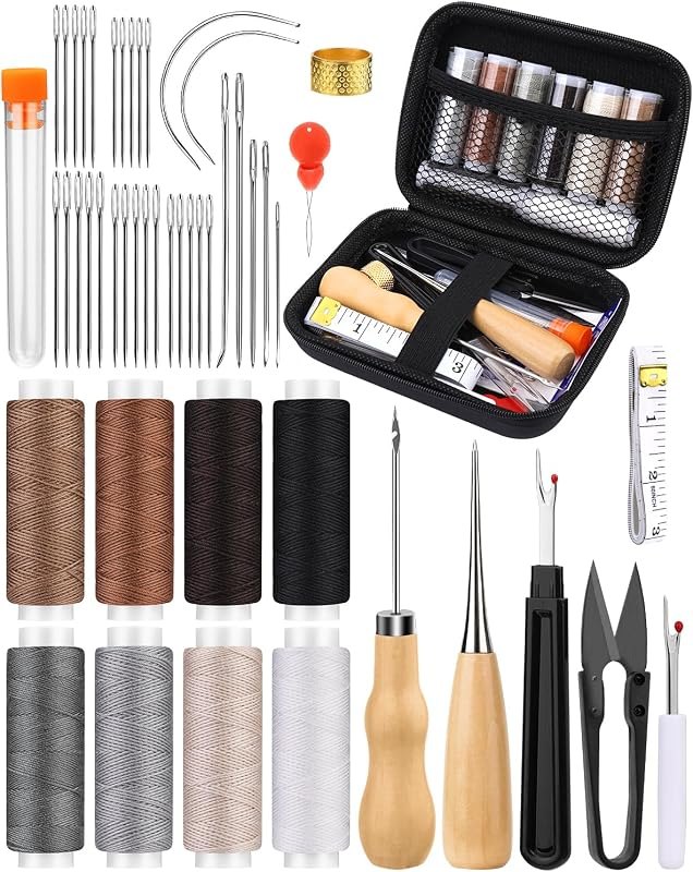 BAGERLA Upholstery Repair Kit, 50 Pcs Heavy Duty Sewing Kit with 8 Colors Thread 32 Pcs Upholstery Needles, Sewing
