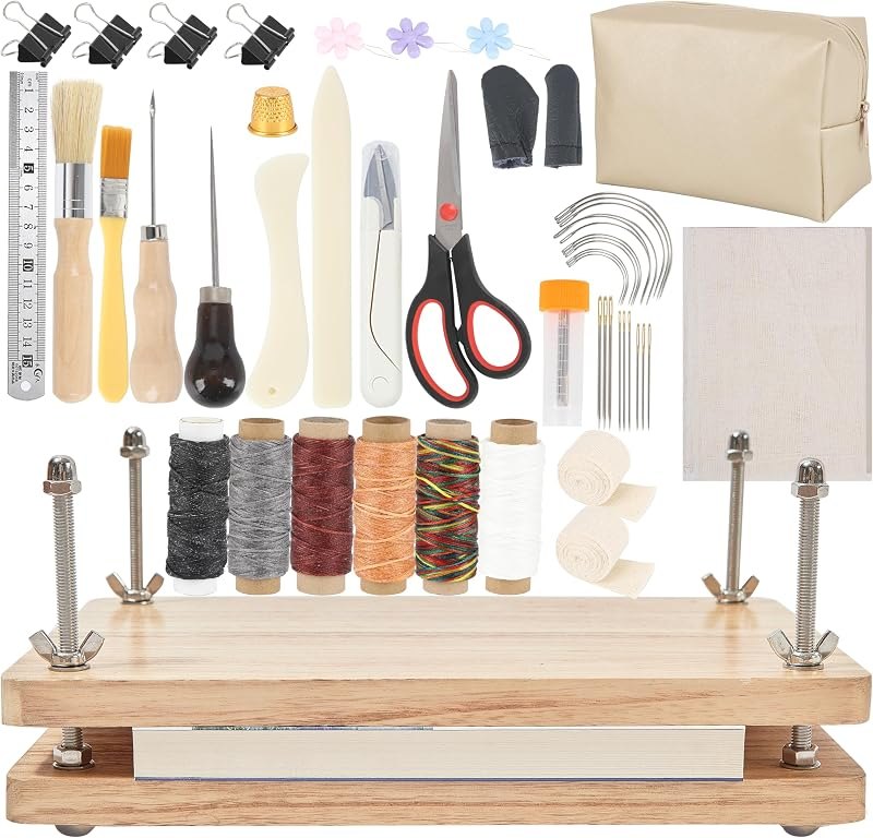 FUXAFU 50 Pcs Book Binding Kits, 13"x7.9" Inch Wooden Book Press,Books Binding Materials, with Bone Folder, Awl