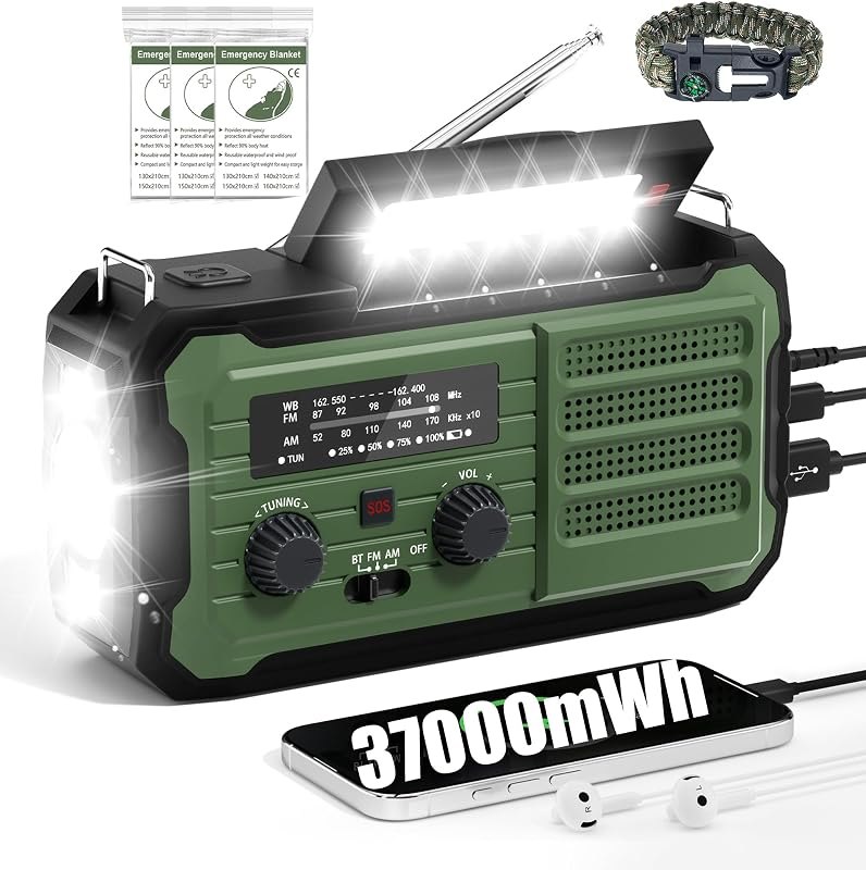 Emergency Radio Hand Crank Solar, 10000mAh/37000mWh Emergency Weather Radio — emergency crank radio kit for emergency