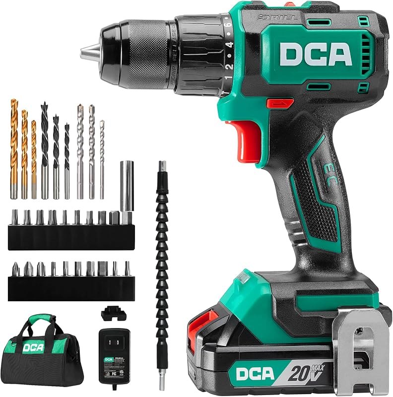 DCA 20V Brushless Hammer Drill Cordless, 492 in-lb Torque Impact Drill, 1/2" All-Metal Keyless Chuck,18+1+1