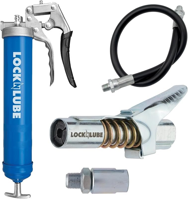 LockNLube Heavy-Duty Pistol Grip Grease Gun (Blue). Includes our patented LockNLube® Grease Coupler (Locks On, Stays