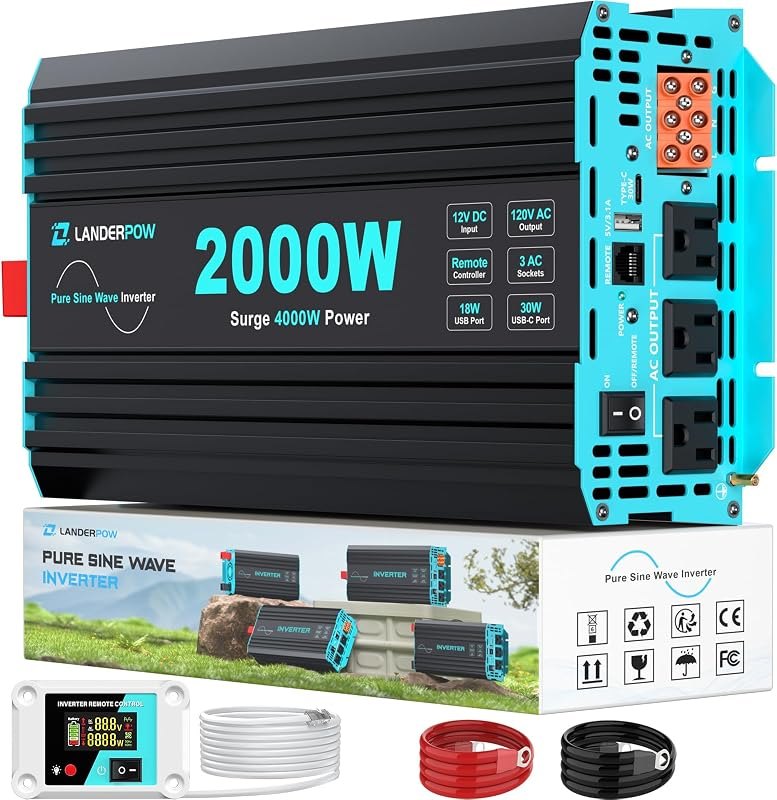 2000 Watt Inverter, 12V DC to 120V AC Pure Sine Wave 4000W Surge — inverter for best car organizer under 40