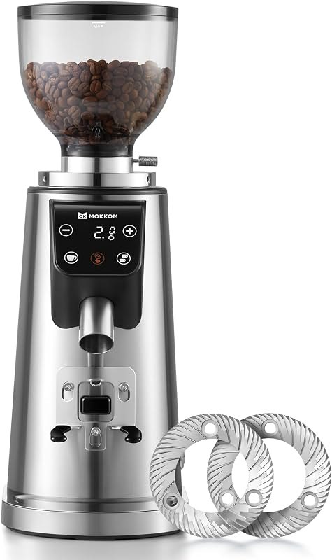 MOKKOM 64mm Flat Burr Coffee Grinder,Espresso Grinder,100 Grind Settings — Burr grinders and kettles. no leak for burr