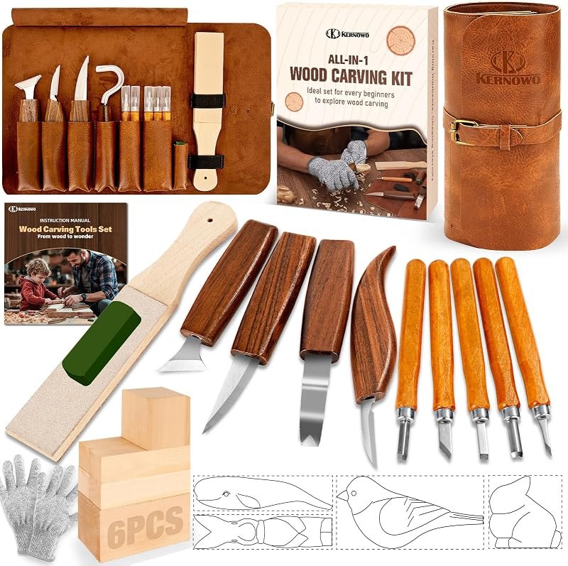 Wood Carving Kit, 24Pcs Wood Carving Tools with Storage Bag, Wood Whittling Knife Kit with 4pcs Templates & 6pcs