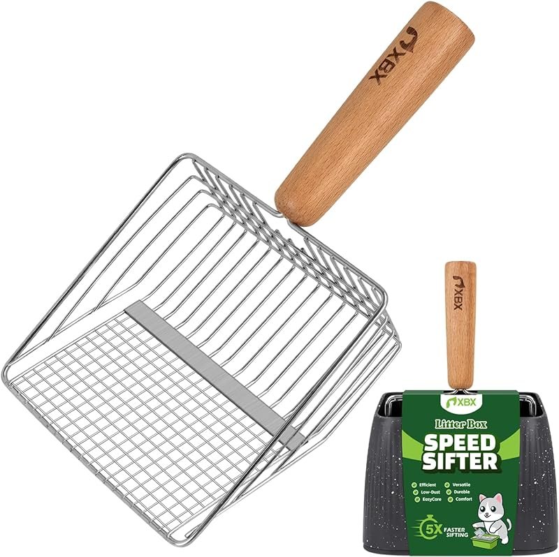 XBX Cat Litter Scoop with Holder, Heavy Duty Litter Sifter, Stainless Steel Litter Shovel, Litter Scooper with Beech
