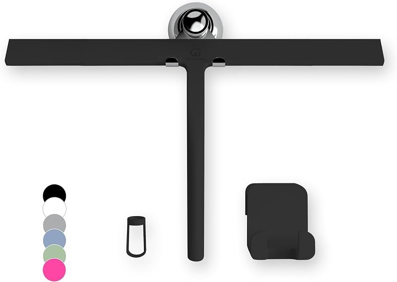 GÜTEWERK Silicone Shower Squeegee with 3-in-1 No-Drill Mount, Black, 15'' — shower squeegee no leak for shower