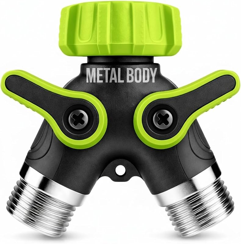 2 Way Hose Splitter Heavy Duty - Metal Y Garden Hose Splitter with Shutoff Valves, Brass Outdoor Faucet Adapter for