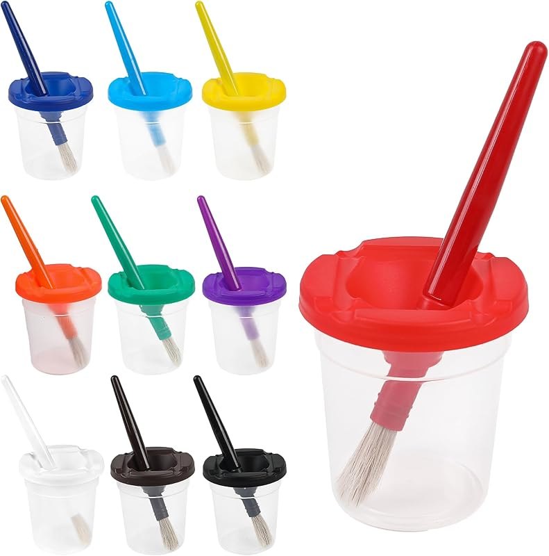 DIYASY No Spill Paint Cups with Lids, 10 Pcs Spill Proof Painting Containers and 10 Round Paint Brushes Kids Art Craft