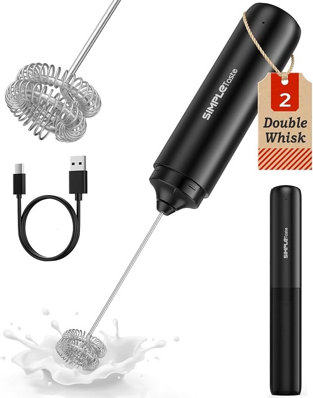 SIMPLETASTE Rechargeable Milk Frother Handheld Dual Coil Whisk Head Mixer — frother for best home coffee maker travel