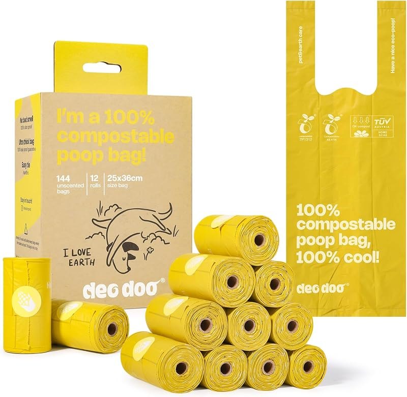 Deo Doo Compostable Dog Poop Bags with Handles 144 Bags, Unscented — poop bags for best dog accessories under 40