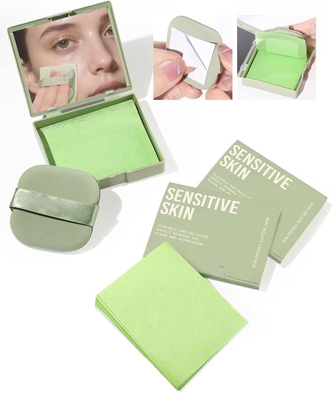 300 Count Oil Blotting Sheets for Face with Mirror & Puff Set — oil blotting papers kit for oil blotting papers