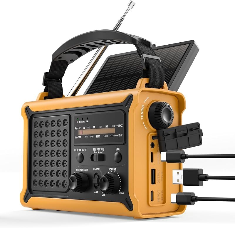Emergency Radio with Hand Crank & Solar, NOAA Weather Band, AM/FM, 12000mAh — emergency crank radio refill for