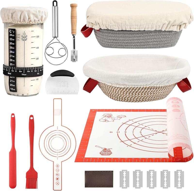 Sourdough Bread Baking Supplies, Banneton Bread Proofing Basket, 10 Inch Oval & Round Bread Baskets with Liners &