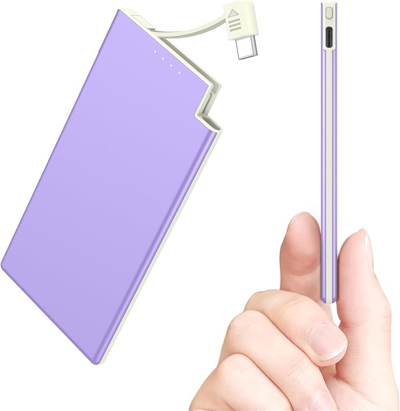 Auskang Purple Slim Power Bank with Built in Cable-5000mAh Thin USB C Portable Charger Compatible with iPhone15 16 17
