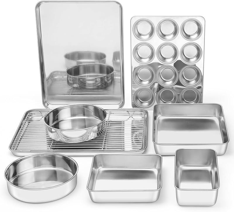 E-far 9-Piece Baking Pan Set, Stainless Steel Bakeware Sets for Sheet Cake Cookie Loaf Muffin, Include Baking Sheet