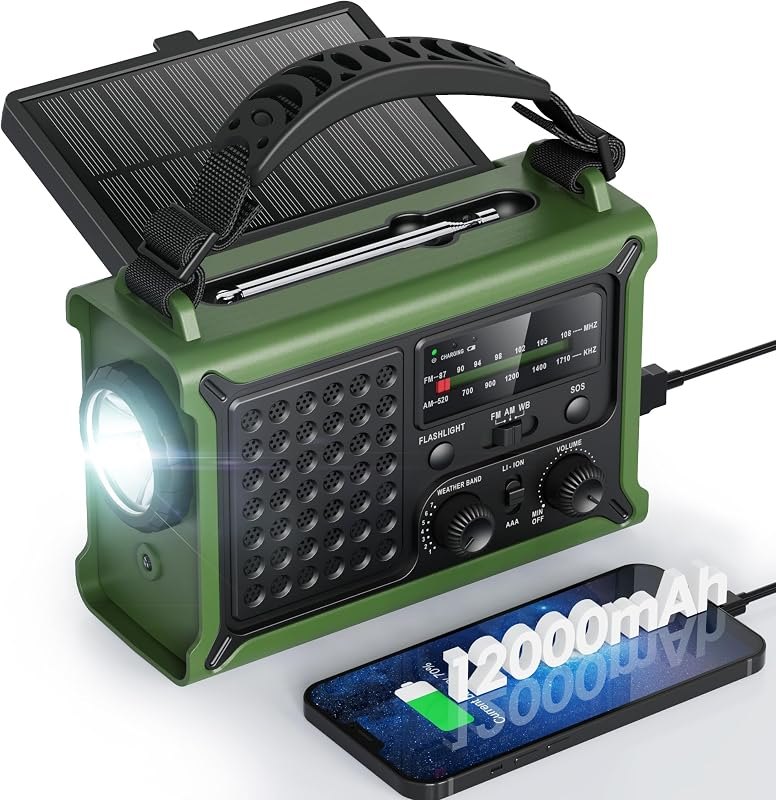Raynic 12000mAh Emergency Weather Radio, AM/FM/NOAA Solar Hand Crank Radio with 2X Panel, USB & USB-C Charging, LED