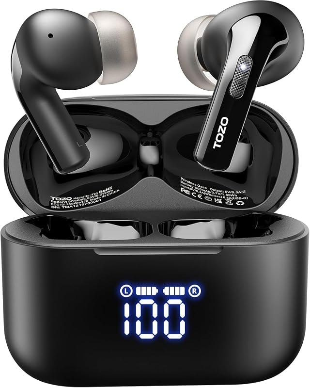 T20 Wireless Earbuds 97H Playtime, Wireless Charging LED Display Case — Tozo for best earbuds under 100