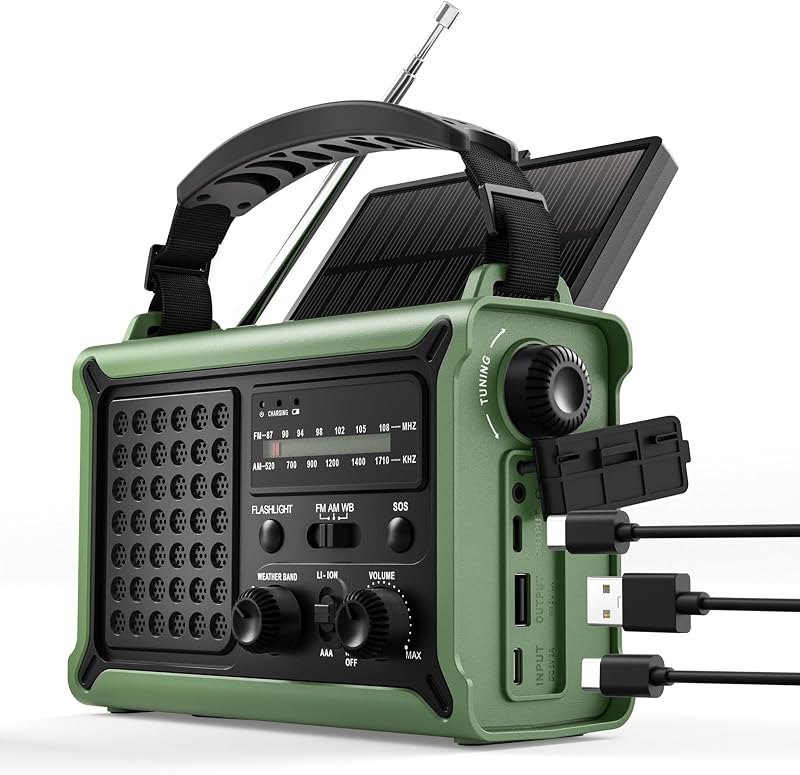 Emergency Weather Radio, 12000mAh Solar Hand Crank NOAA Radio, Army Green — emergency crank radio heavy duty for
