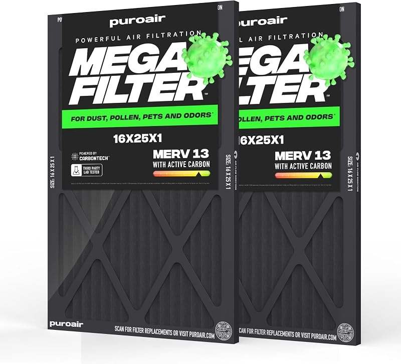 PuroAir MegaFilter 16x25x1 Air Filter MERV 13 HVAC Furnace Filter (2-Pack) — merv 13 filter 16x25x1 no leak for merv