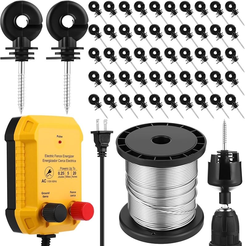 MorningRo Electric Fence Charger Kit 0.25J 5 Mile 50 Insulators 250ft Wire