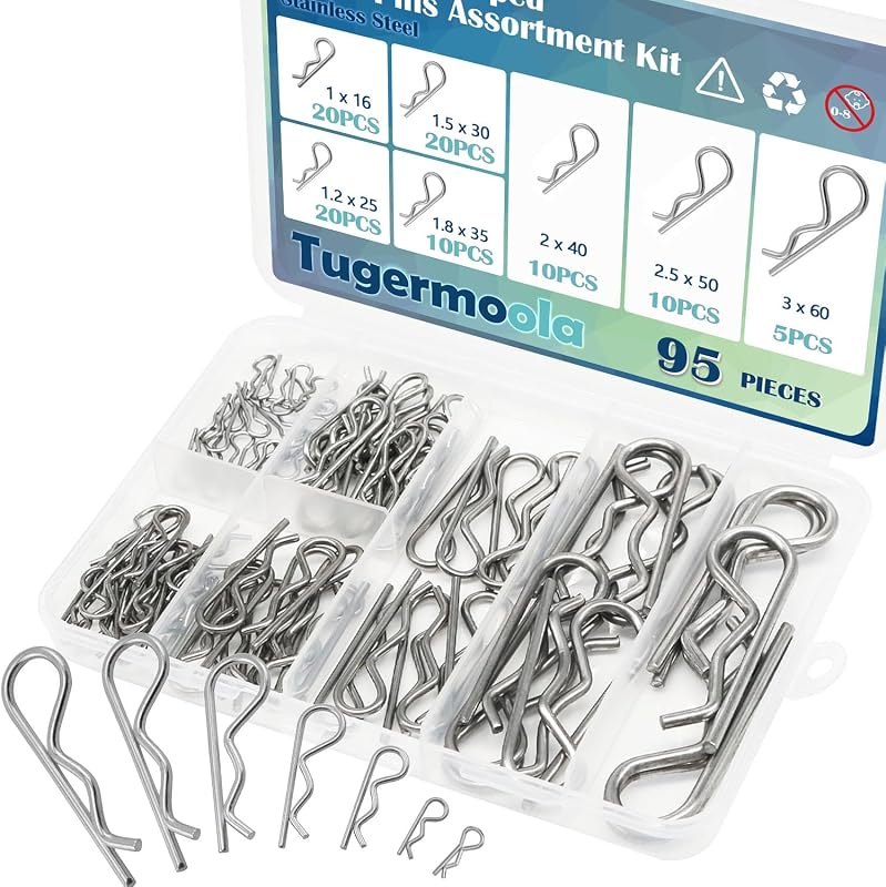 95PCS 7 Sizes Stainless Steel Hitch Pin Clip Assortment Kit R Shaped Cotter Pins Fastener Clips OLA031 —
