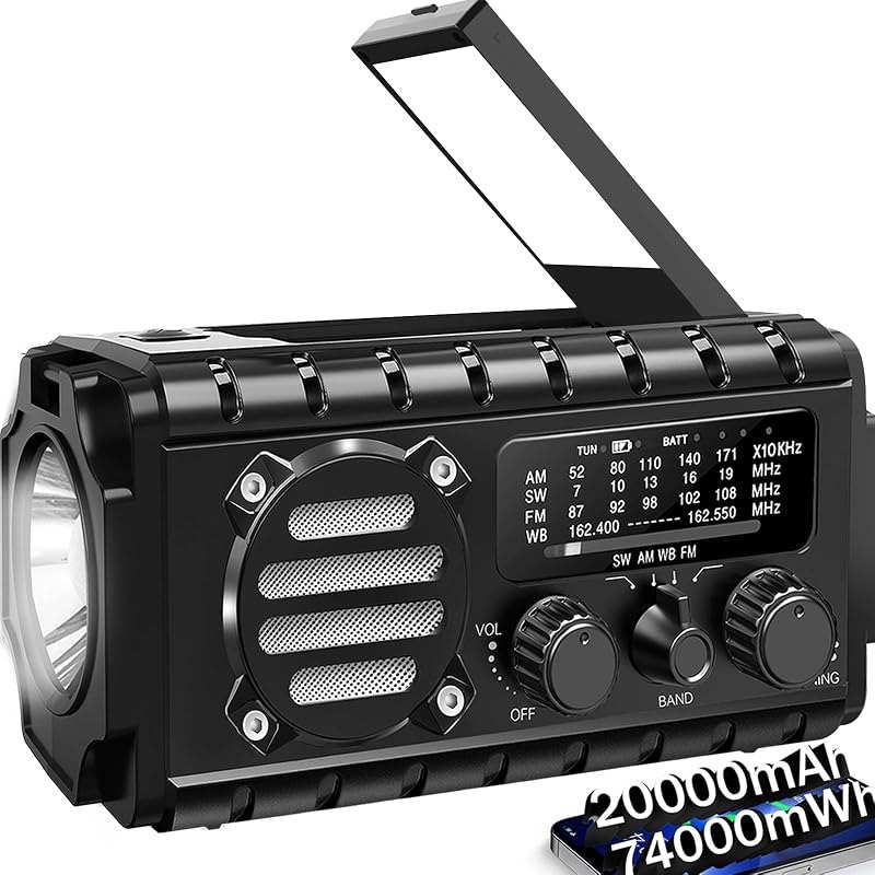 20000mah Hand Crank Emergency Radio, SW/NOAA/AM/FM Weather Radio, Solar Powered Hand Crank Charger with Big Battery