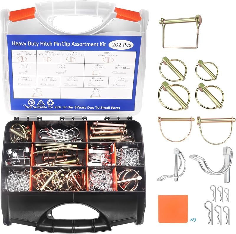 202PCS Hitch Pins, Standard Galvanized Steel 15 Sizes Hitch Pin Clip Pin Linch and PTO Pins Assortment Kit Fit for