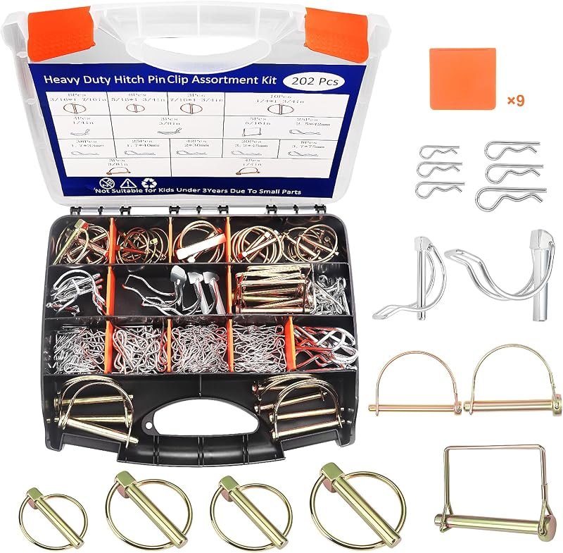 202PCS Hitch Pin, Trailer Pins Clip Pins Assortment Kit for railers Tractors Trucks Towing Mowing Farm Equipment Snow