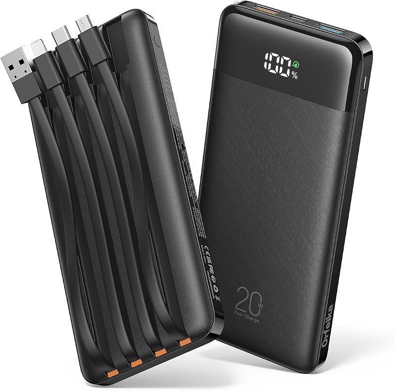 Orfeika 20000mAh Power Bank, Portable Charger with 4 Built-in Cables — airline for best power bank best rated