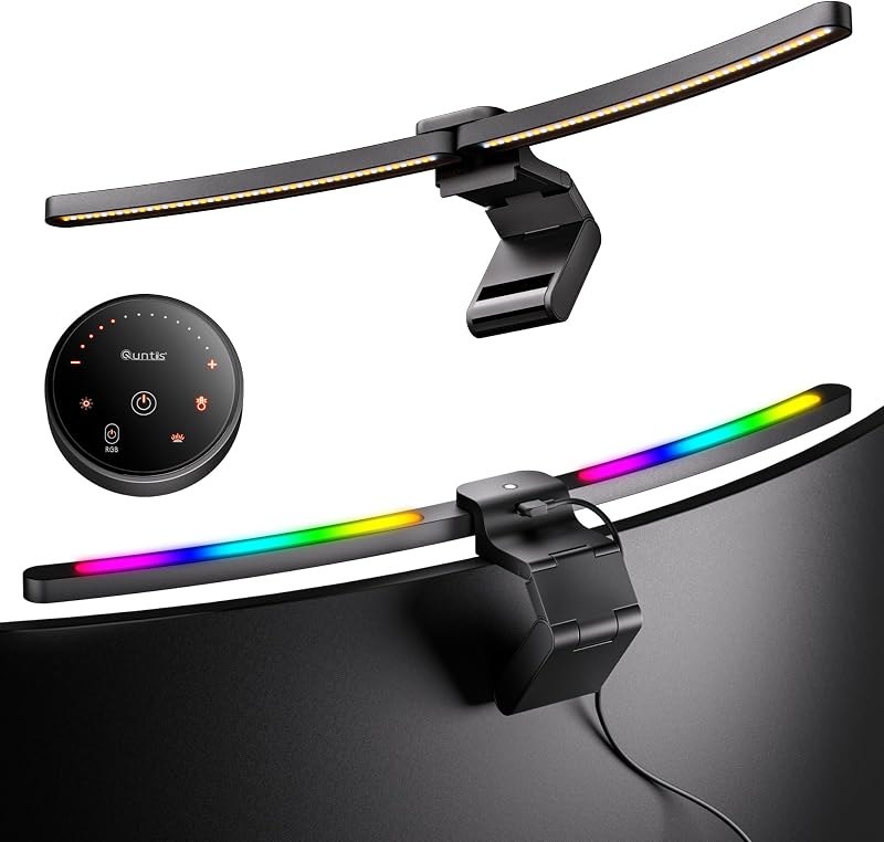 Curved Monitor Light Bar 15 RGB Backlight for 34"+ Screens, Computer Bar Lights Foldable Dual Light with Color