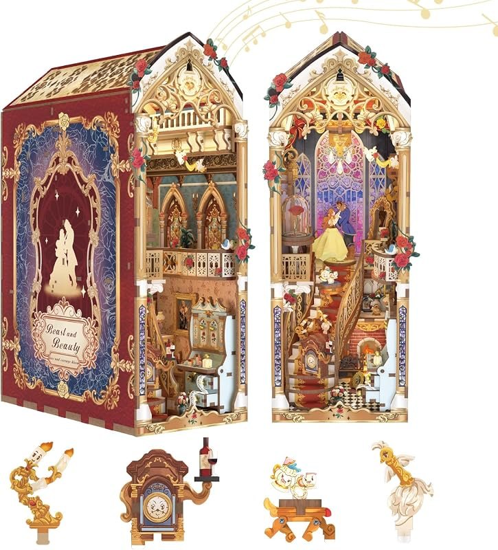 Tonecheer DIY Book Nook Kit for Adults, 3D Wooden Puzzle Music Booknook Miniature Dollhouse, Fairy Tale Bookend