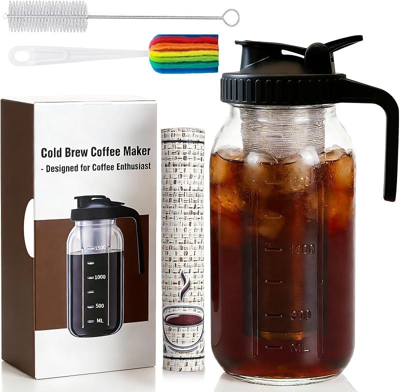Cold Brew Coffee Maker, 64oz Glass Mason Jar Pitcher with Lid, Filter & Mat — Coffee for home for coffee kit