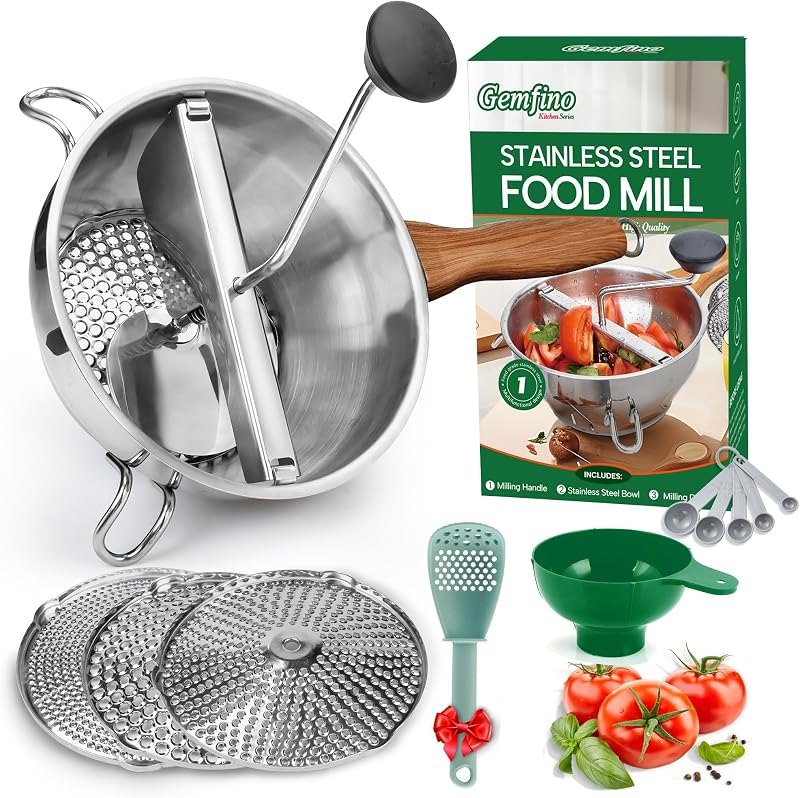 Stainless Steel Food Mill With 3 Milling Discs,Ergonomic design Rotary hand crank,Wood Grain Handle Food Mills For