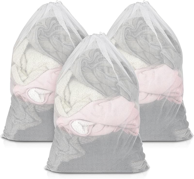 3 Pack Mesh Laundry Bags 23x34 Inch Drawstring Locking for Travel Home