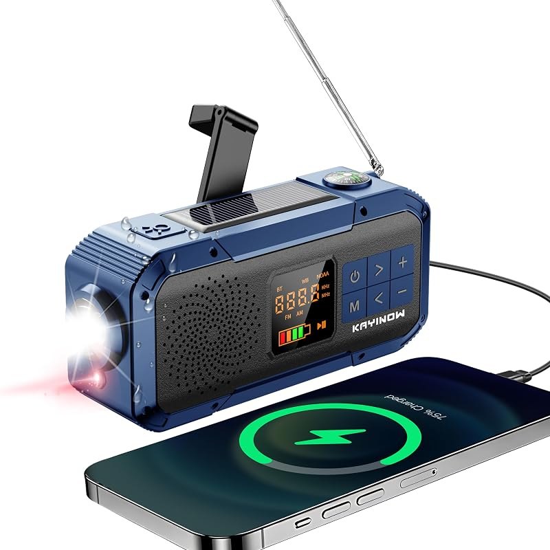 Portable Emergency Radio with AM FM NOAA,Bluetooth Speaker,2000mAh Rechargeable Battery,USB-C Hand Crank Solar