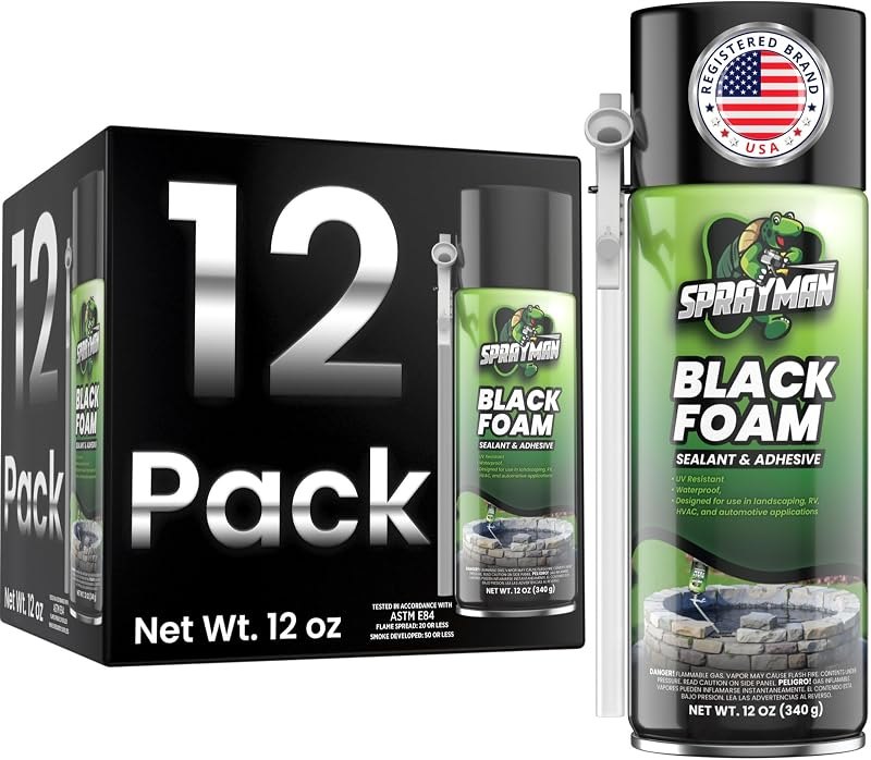 Sprayman Black Waterfall Foam Sealant - (12x12oz) Expanding Polyurethane Pond Foam Sealer, UV Resistant, Water Proof