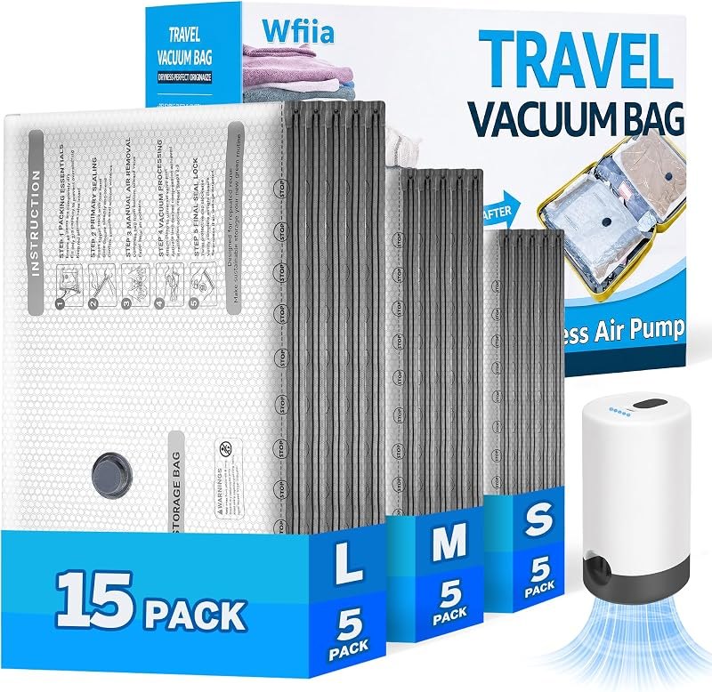15 Packs Vacuum Bags for Travel with Rechargeable Pump, 3 Sizes Vacuum Seal Bags for Clothing, Compression Vacuum
