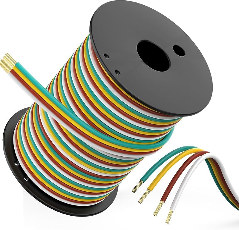 100FT Trailer Wiring Harness Kit, 14 Gauge 4-Way Bonded Wishbone Color-Coded Trailer Wire Spool for Rewiring Boat, RV
