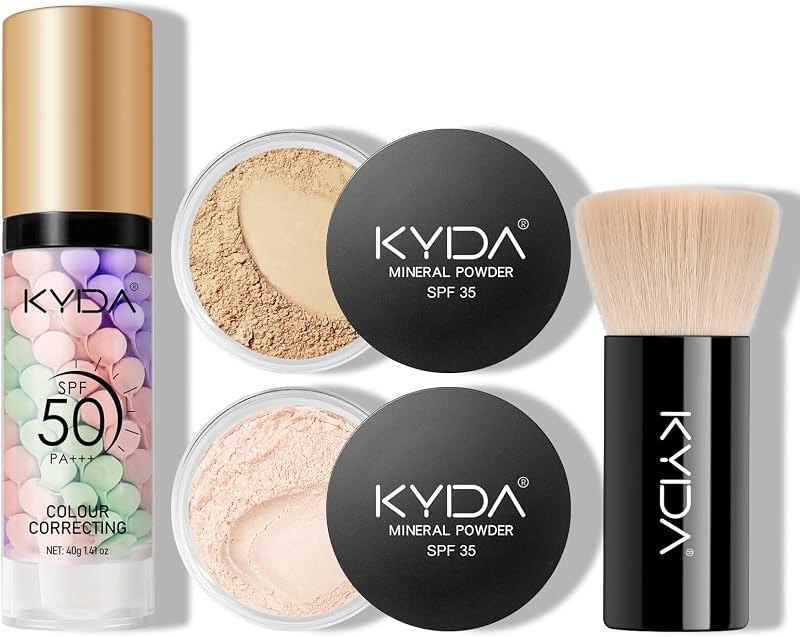 KYDA Mineral Makeup Kit, Includes SPF 50 Color Correcting Primer, SPF 35 Loose Powder Foundation + Translucent Loose