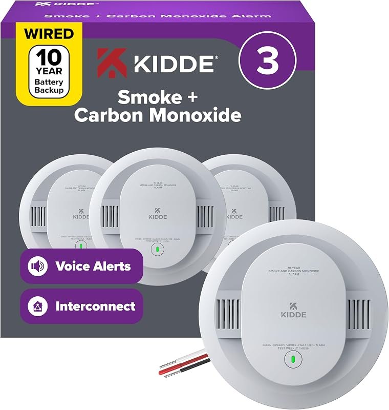 Kidde Smoke & CO Detector, Hardwired & 10-Year Battery, 30CUA10-V, 3 Pack — carbon monoxide detector replacement for