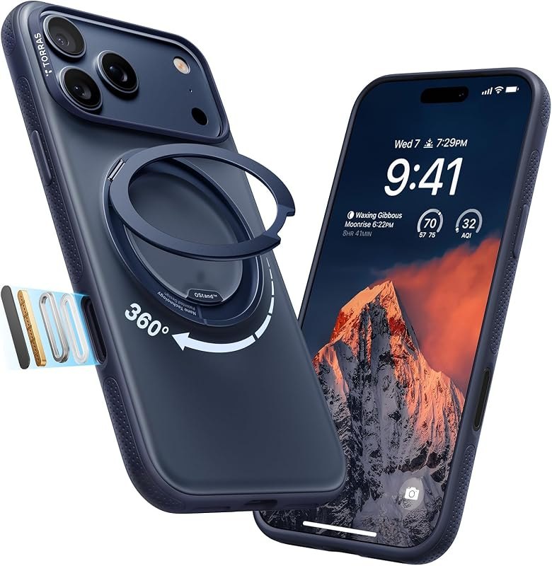 TORRAS for iPhone 17 Pro Case, 360 Magnetic Stand, Translucent Deep Blue — case for best iPhone 17 Pro accessories