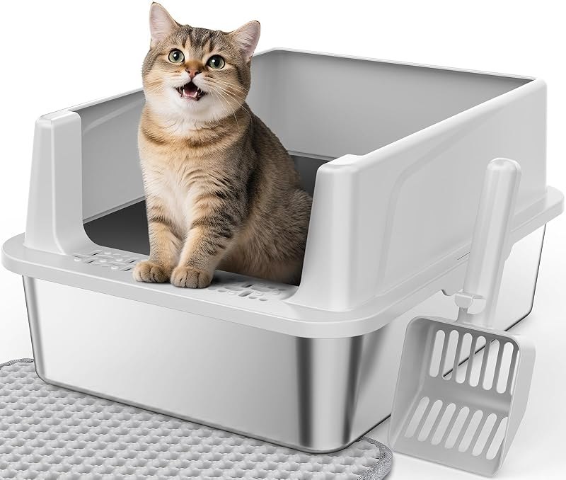 FURTIME Stainless Steel Cat Litter Box, Small Cats Metal Litter Box — stainless for best cat litter box travel compact