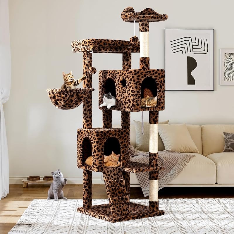 Allewie 64 Inches Cat Tree Tower/Multi-Level Activity Center for Indoor Big Felines/2 Plush Condos/2