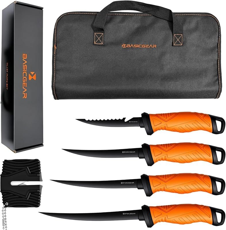 BasicGear Fishing Fillet Knife Set of 4, 5-7-8-9 in, 440C Steel Super Sharp — filet knife for filet knife under 30