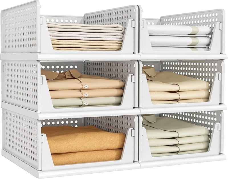 Pinkpum 6 Pack Closet Organizer Storage Bins Stackable Plastic Drawer Shelf — stackable bins for clear storage bins
